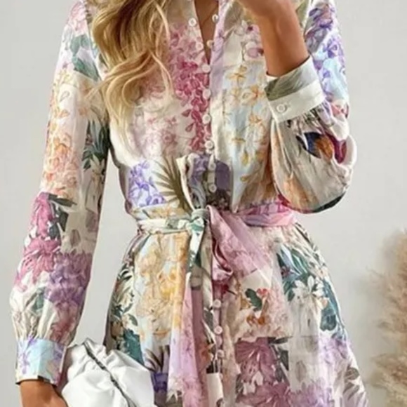 Boho Floral Print Button Down Belted Shirt Dress - Picture 3 of 7